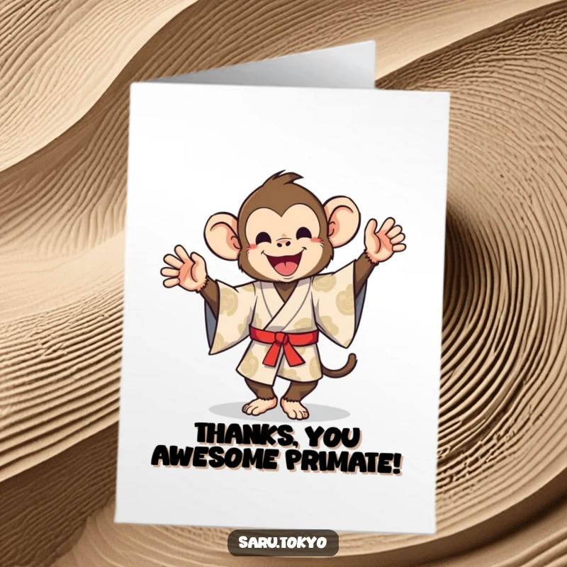 Funny Free Printable Thank You Card: A cheerful monkey in a patterned kimono performing a comical, joyous dance.