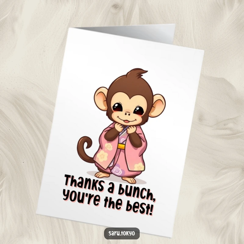 Funny Free Printable Thank You Card with a cute monkey in a kimono bowing politely, expressing heartfelt gratitude with humor.