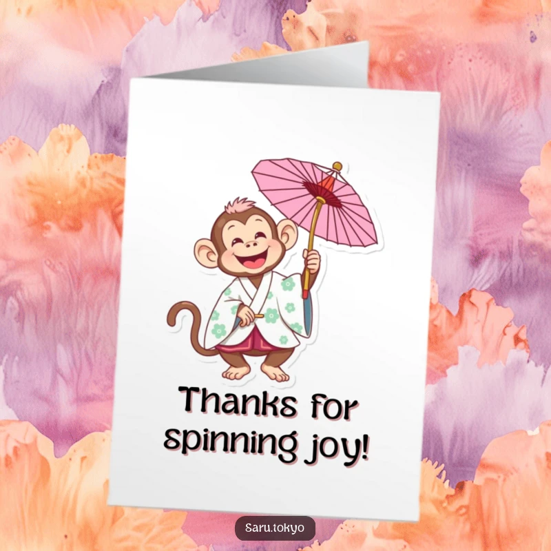 Funny Free Printable Thank You Card with a joyful monkey in a kimono playfully twirling a parasol, offering thanks with a smile.