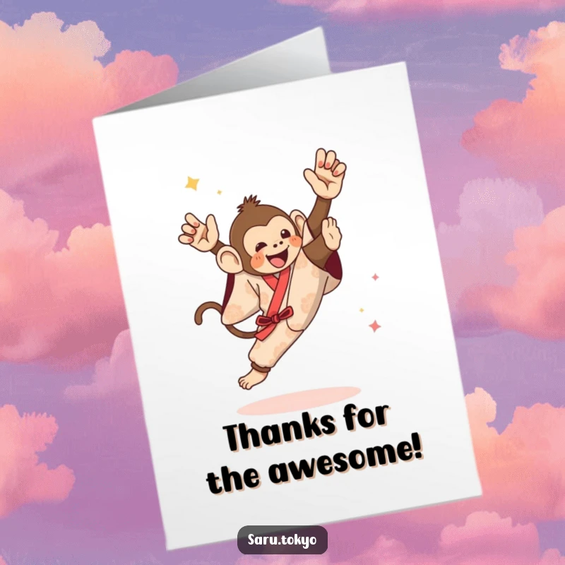 Funny Free Printable Thank You Card: A funny monkey in a festive kimono performing a playful high kick to express thanks.