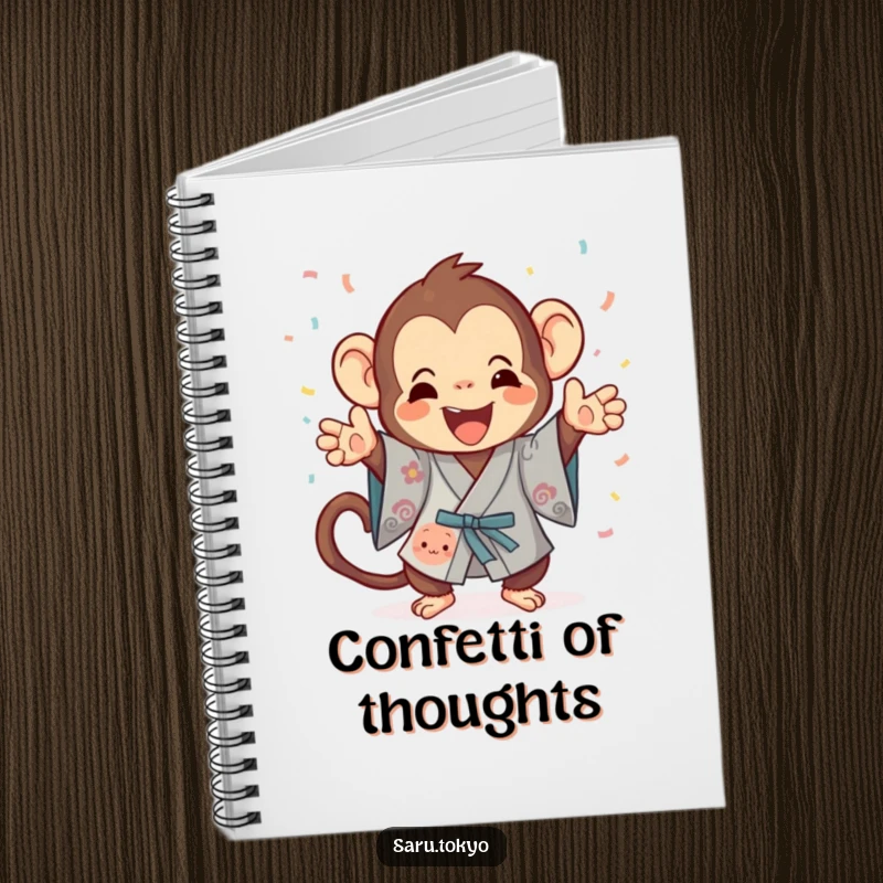 Funny Monkey Notebook: Playful monkey in a kimono gleefully tosses confetti, perfect for jotting festive notes.
