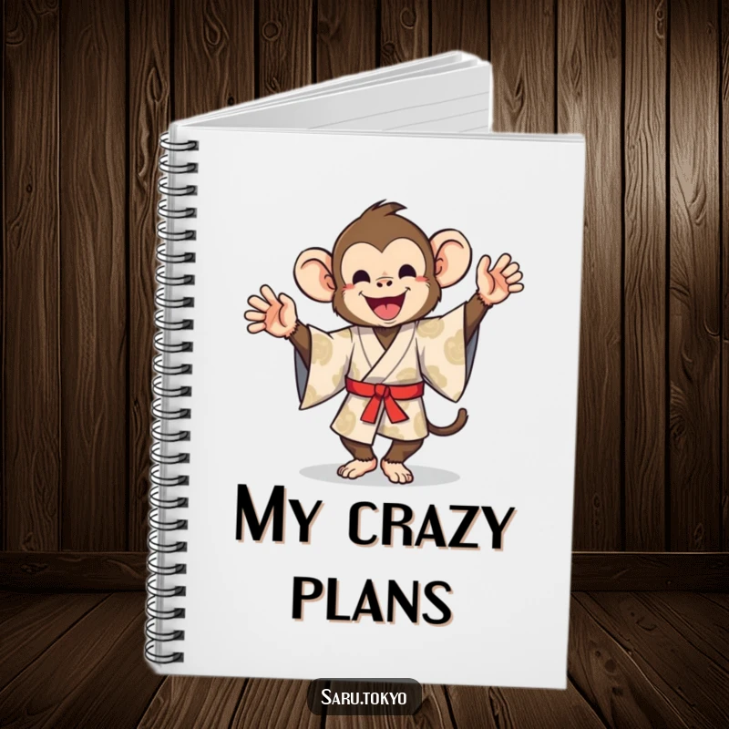 Funny notebook with a monkey in a patterned kimono doing a silly dance, inspiring spontaneous writing.