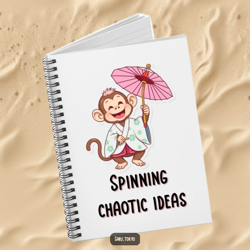 Funny Monkey Notebook: Joyful monkey in a kimono spinning a parasol, perfect for jotting down happy and funny ideas.