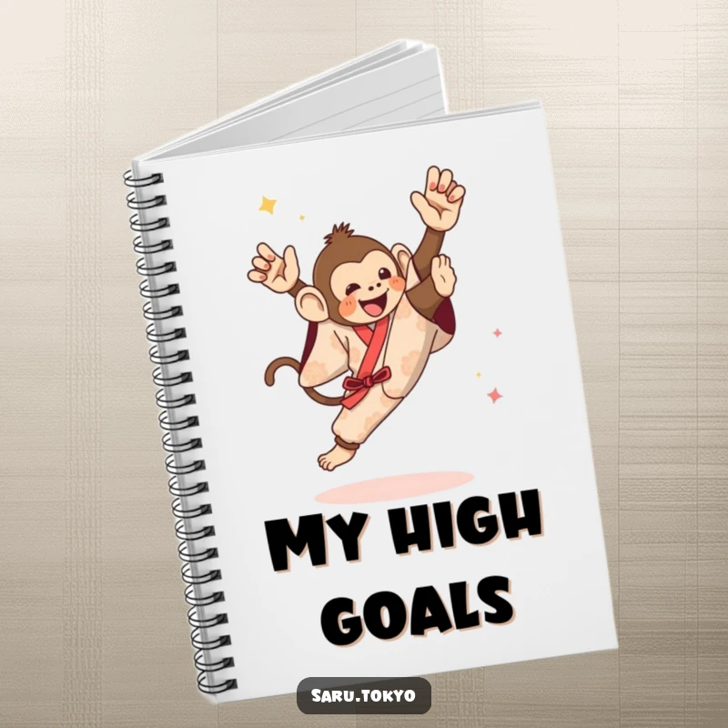 Funny notebook with a monkey in a festive kimono performing a spectacular high kick, inspiring bold ideas.