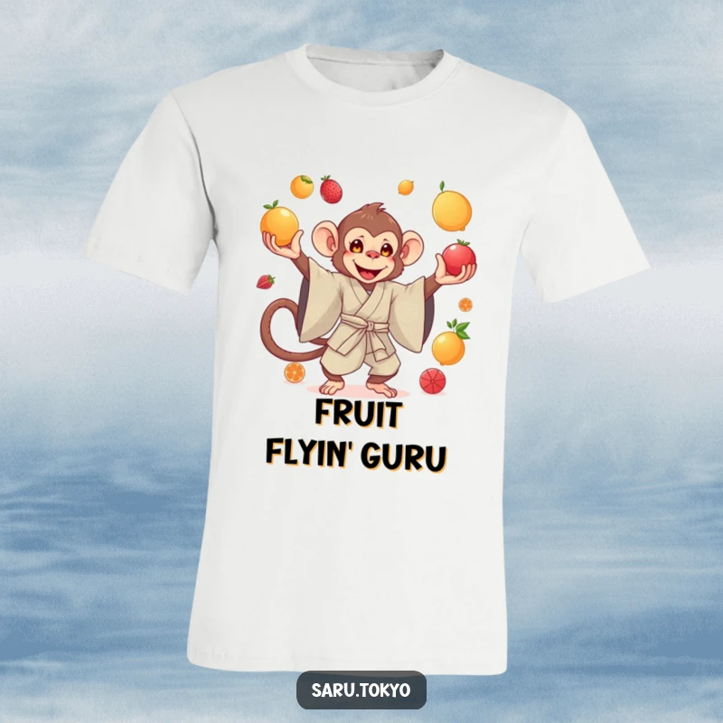 Funny t-shirt featuring a monkey in a luxurious silk kimono elegantly juggling vibrant, juicy fruits with impressive dexterity.