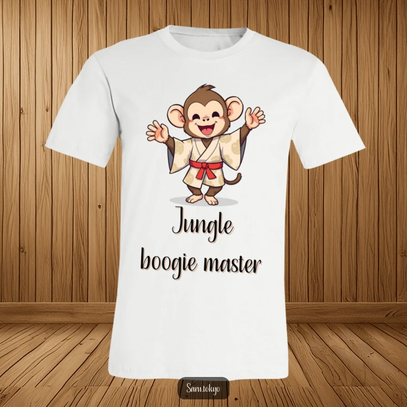 Funny t-shirt of a monkey character in a vibrant patterned kimono, executing a hilariously awkward and joyful dance.