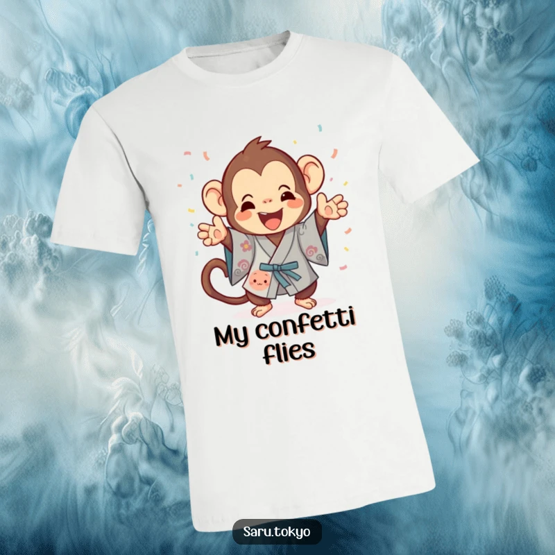 Funny Monkey T-Shirt: A playful monkey in a festive kimono gleefully tosses confetti, radiating pure joy.