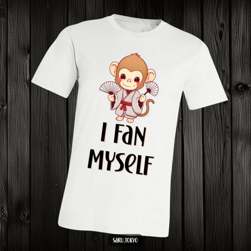 Funny Monkey T-Shirt: A charming monkey in a traditional kimono holds a delicate fan with poise.