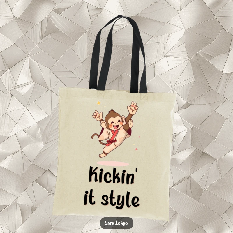 Funny tote bag showcasing a monkey in a festive kimono attempting a dynamic and entertaining high kick.