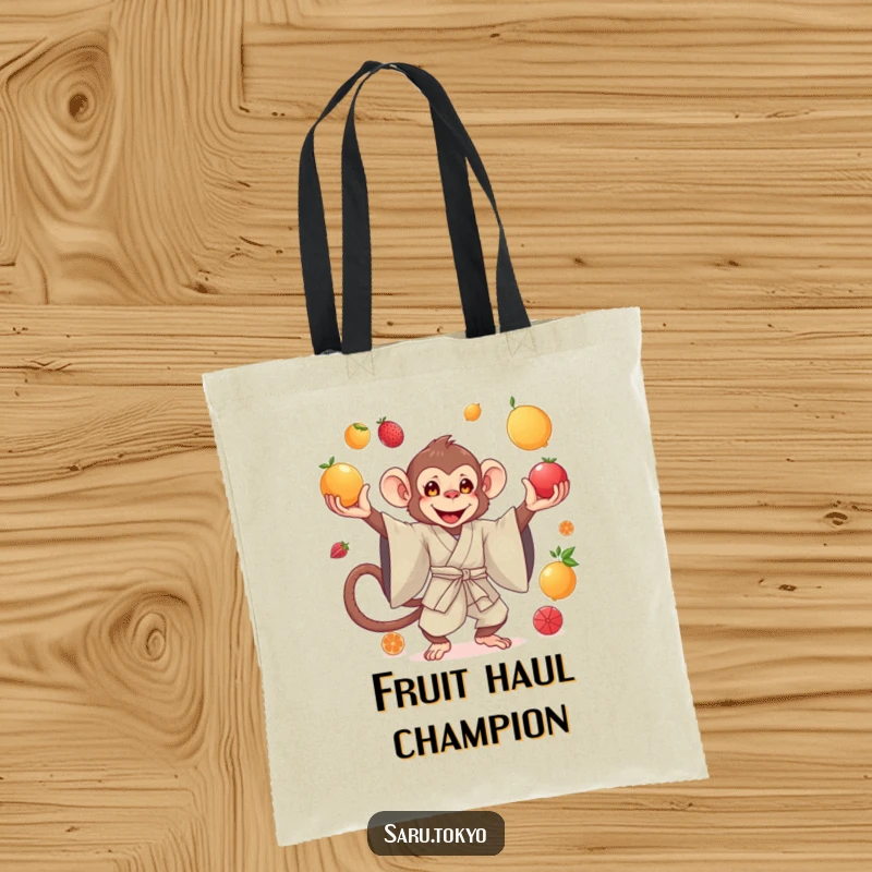 Funny tote bag depicting a monkey in a flowing silk kimono skillfully juggling bright, assorted fruits with grace.
