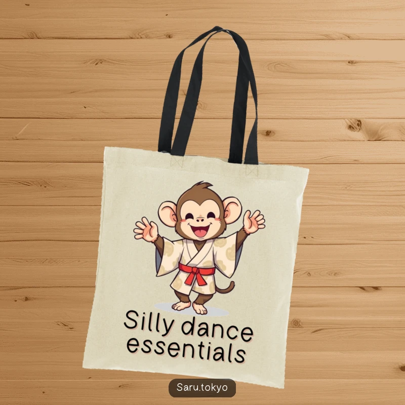 Funny tote bag showcasing a monkey in a patterned kimono engaged in a wildly energetic and amusing silly dance.