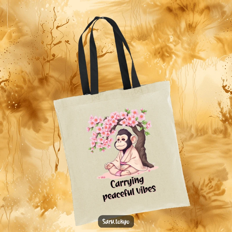 Funny Monkey Tote Bag: A serene monkey in a kimono meditating under a cherry tree, perfect for calm errands.